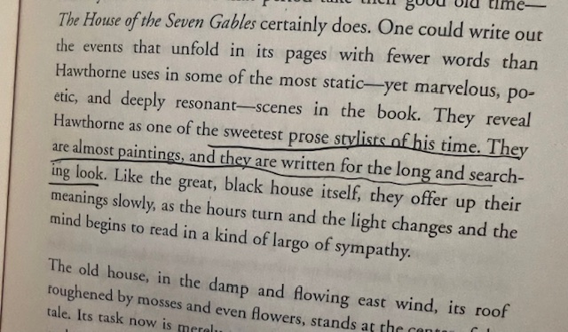 Picture of page 63 of Mary Oliver's book, Long Life, where she describes Hawthorne's writing: "One of the sweetest prose stylists of his time. [The events that unfold in The House of the Seven Gables] are almost paintings, and they are written for the long and searching look." 