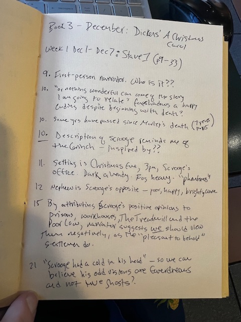 Picture of handwritten notes on Dickens' A Christmas Carol, Stave One. 