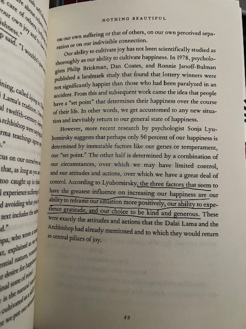Page 49 of The Book of Joy explains the three factors that have the greatest influence on increasing our happiness, according to psychologists. 