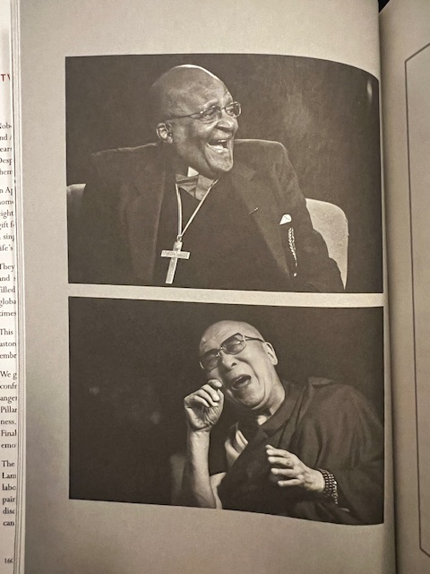Two pictures taken the first day of the visit between Archbishop Desmond Tutu and His Holiness the Dalai Lama. Top, Desmond Tutu looking to his left, laughing; Bottom, Dalai Lama leaning to his right, hands raised and laughing. 