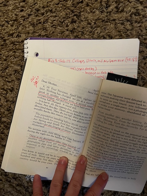 Picture of page 80 in Cha's Dictee, which is a "Dear Mother" letter dated April 19. Annotated in red pen, with book sitting open atop notebook. 