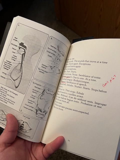 Picture of pages 74 and 75 of Cha's book, Dictee, with linguistic images of the nose, mouth, and throat. 