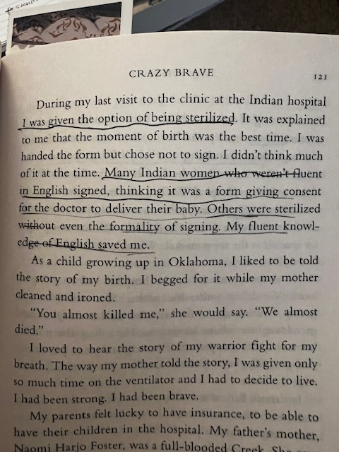 Page 121 of Crazy Brave with underlining in black ink. 