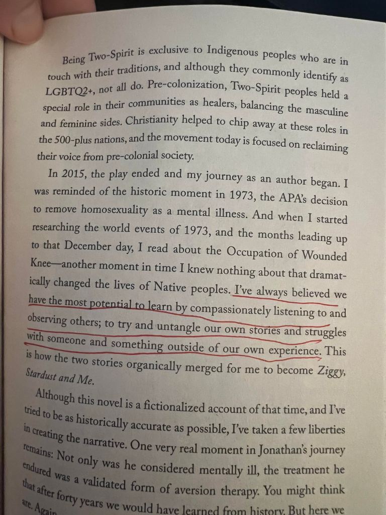 Page 351 of Ziggy, Stardust & Me by James Brandon--in the Author's Note-- with an excerpt underlined in red pen. Find this excerpt as the Meditation on this week's post. 