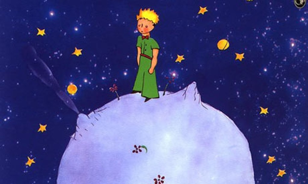 The Little Prince standing on his little planet, in outer space. 
